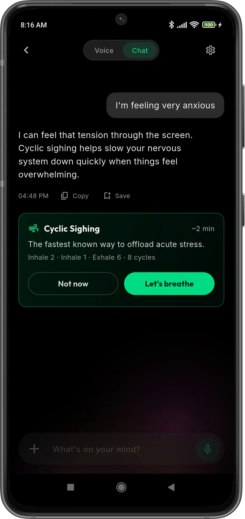 Text chat with Meraki suggesting a breathing exercise